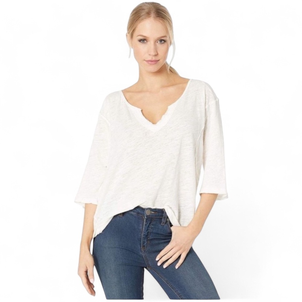 Free People We The Free White Linen Blend V-Neck 3/4 Sleeve Top Large